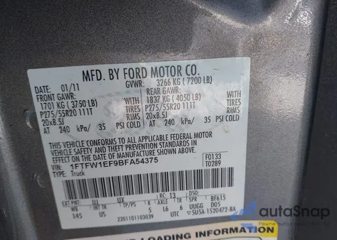 2011 Ford F-150 Xlt из США, поврежденный, VIN 1FTFW1EF9BFA54375